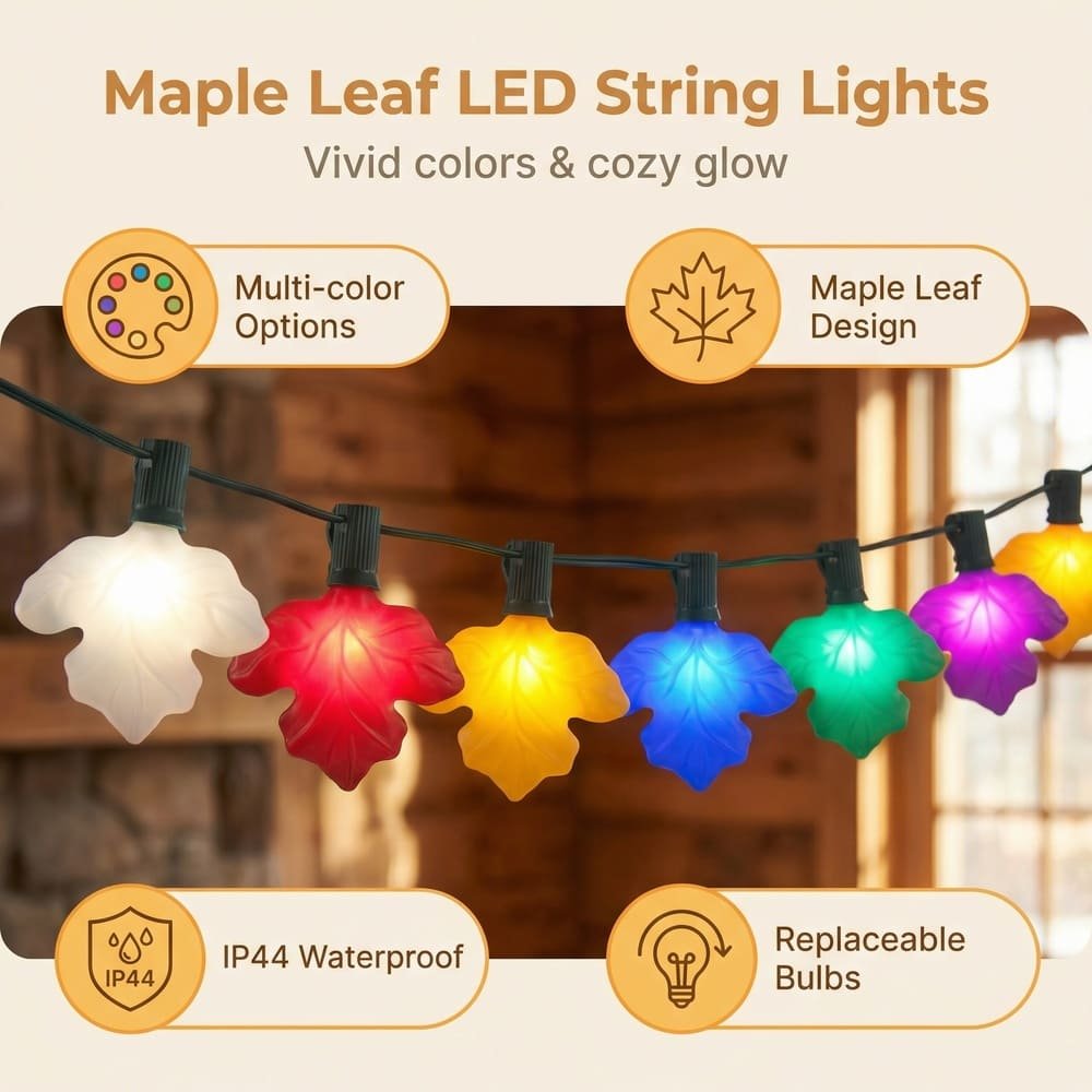 Infographic highlighting features of waterproof multicolor maple leaf LED string lights for seasonal decor