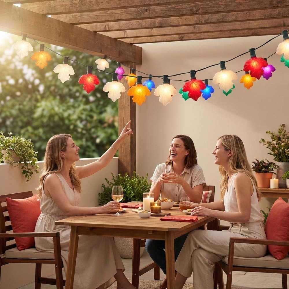 Multicolor maple leaf LED string lights illuminating outdoor patio for festive gatherings