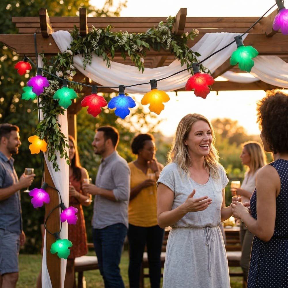 Multicolor maple leaf LED string lights decorating wooden pergola for outdoor garden parties