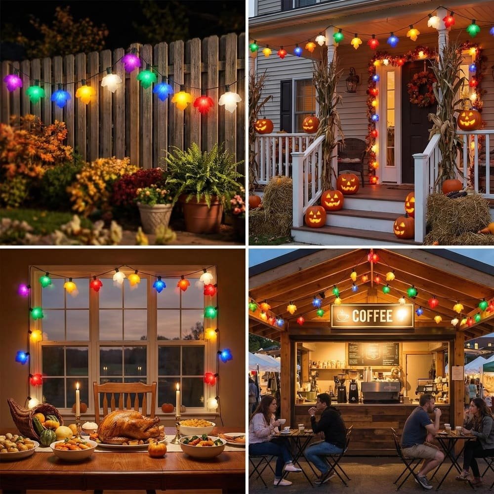 Versatile multicolor maple leaf LED string lights for Halloween, Thanksgiving, residential, and commercial decoration