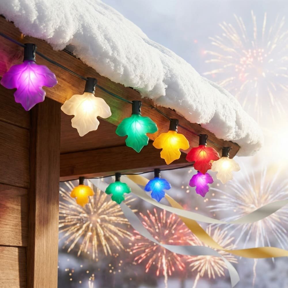 Multicolor maple leaf LED string lights on snowy roof for outdoor festive holiday decor