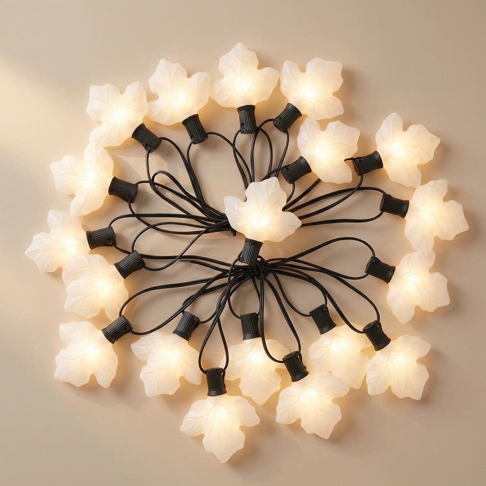 Warm white maple leaf LED string lights with shatterproof milky bulbs for seasonal decor