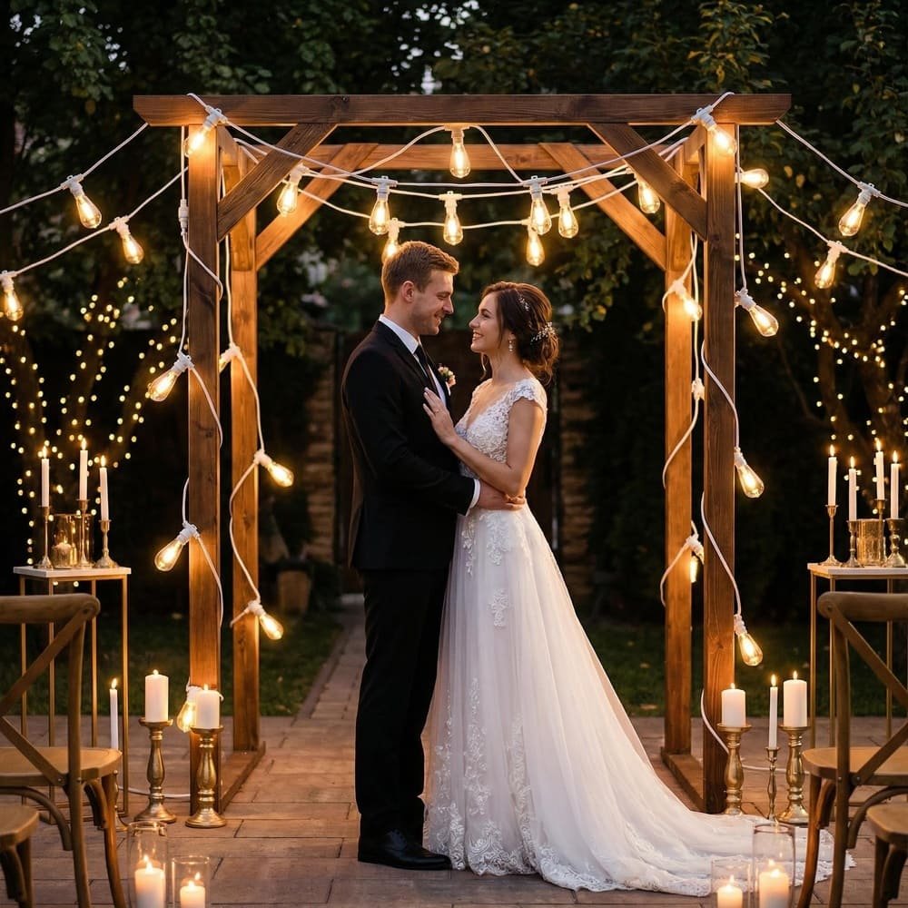 Commercial S14 LED string lights decorating rustic outdoor wedding arch