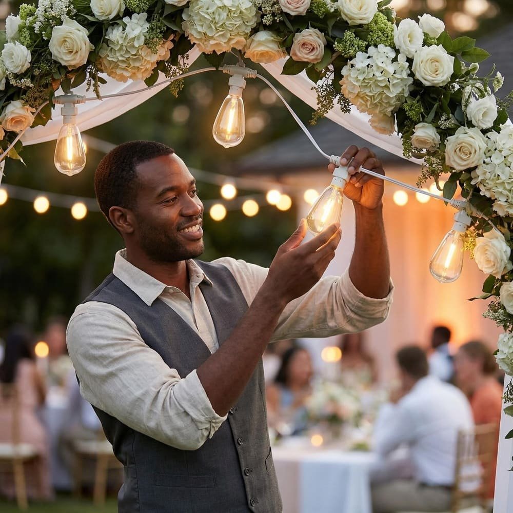 Man installing commercial white S14 LED string lights for outdoor wedding decor