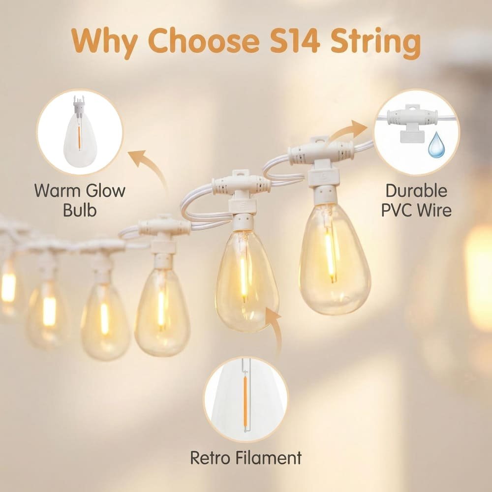White S14 string lights highlighting warm retro filament and durable waterproof PVC wire features