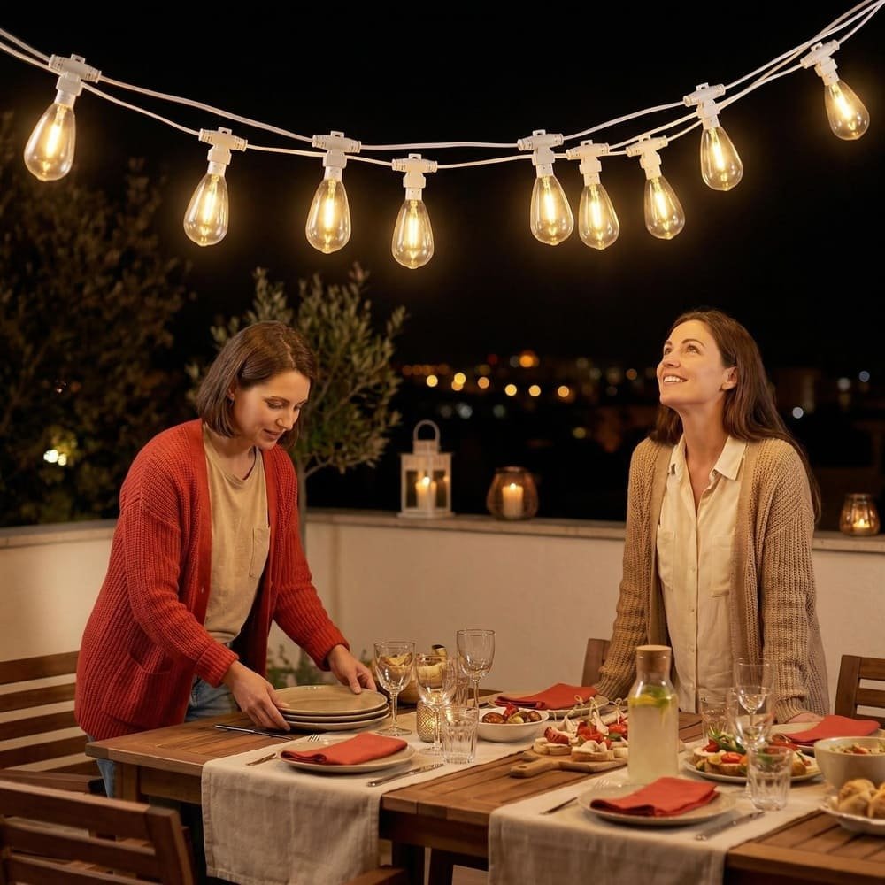 Warm white commercial S14 LED string lights illuminating outdoor patio dining atmosphere