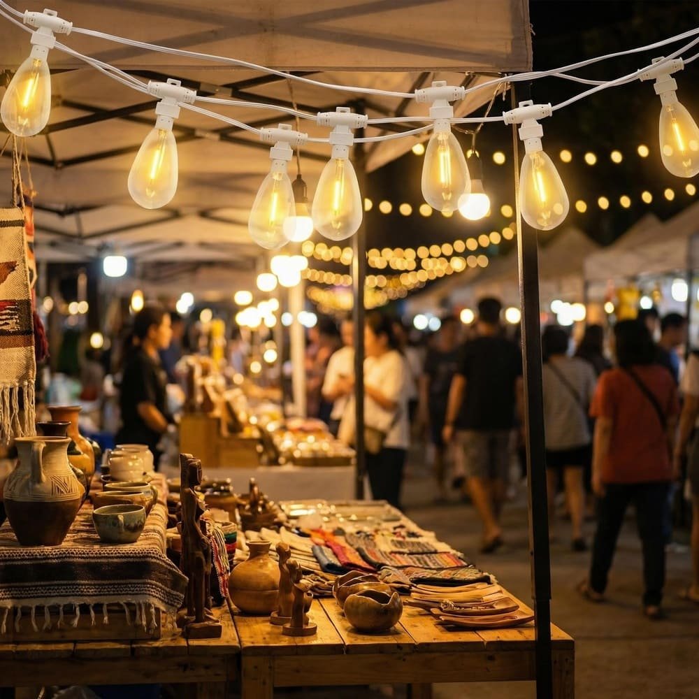 Commercial white cord S14 LED string lights illuminating outdoor night market stalls