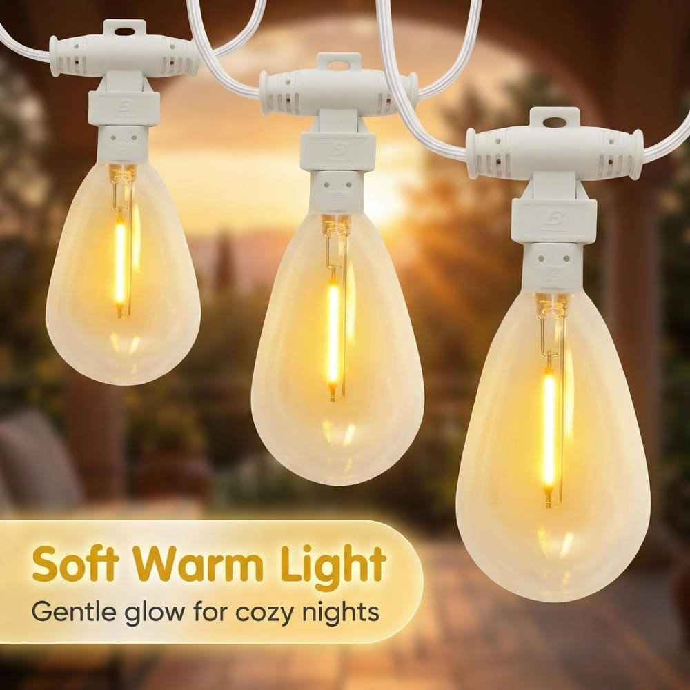 Close-up S14 LED string lights emitting soft warm white glow with retro filament design