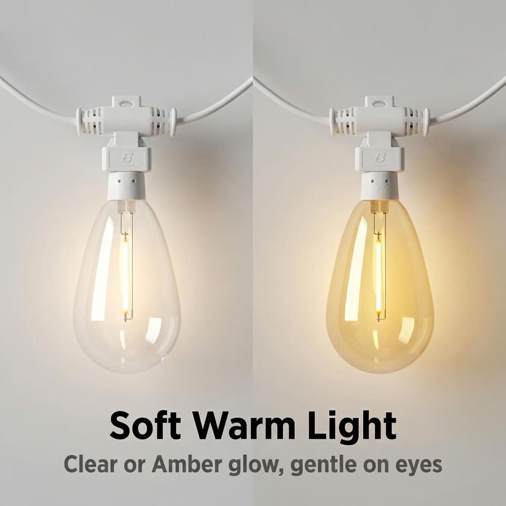 Comparison of clear vs amber S14 LED string light bulbs with soft warm glow