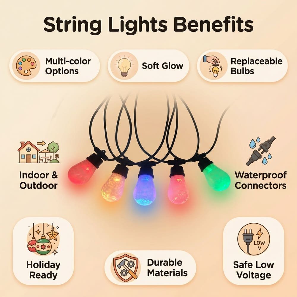 Infographic detailing features of safe low voltage RGB outdoor string lights with waterproof connectors