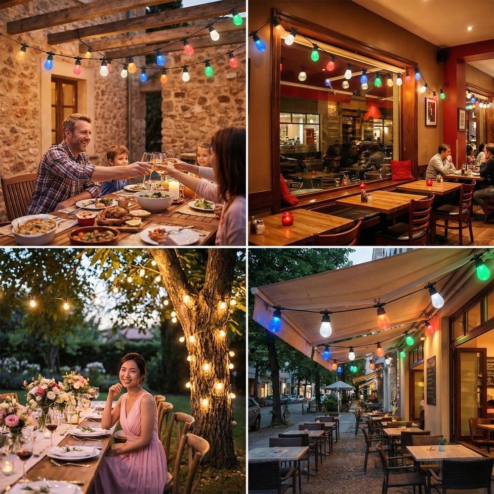 Commercial grade S14 string lights decorating patios, restaurants, garden weddings, and sidewalk bistros