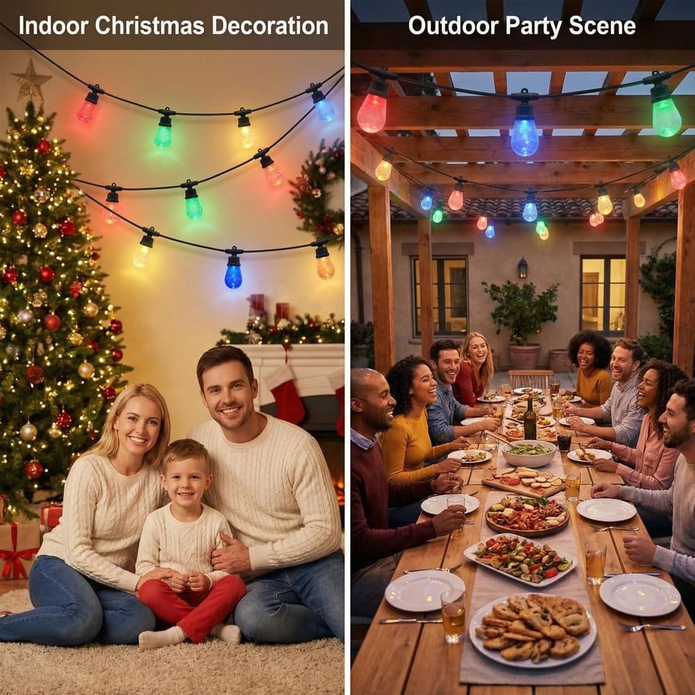 Indoor Christmas decoration and outdoor party scenes illuminated by versatile multi-color S14 LED string lights