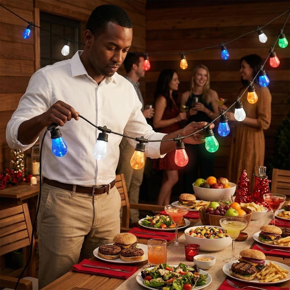 Man setting up festive multicolor S14 LED string lights for outdoor patio dinner party