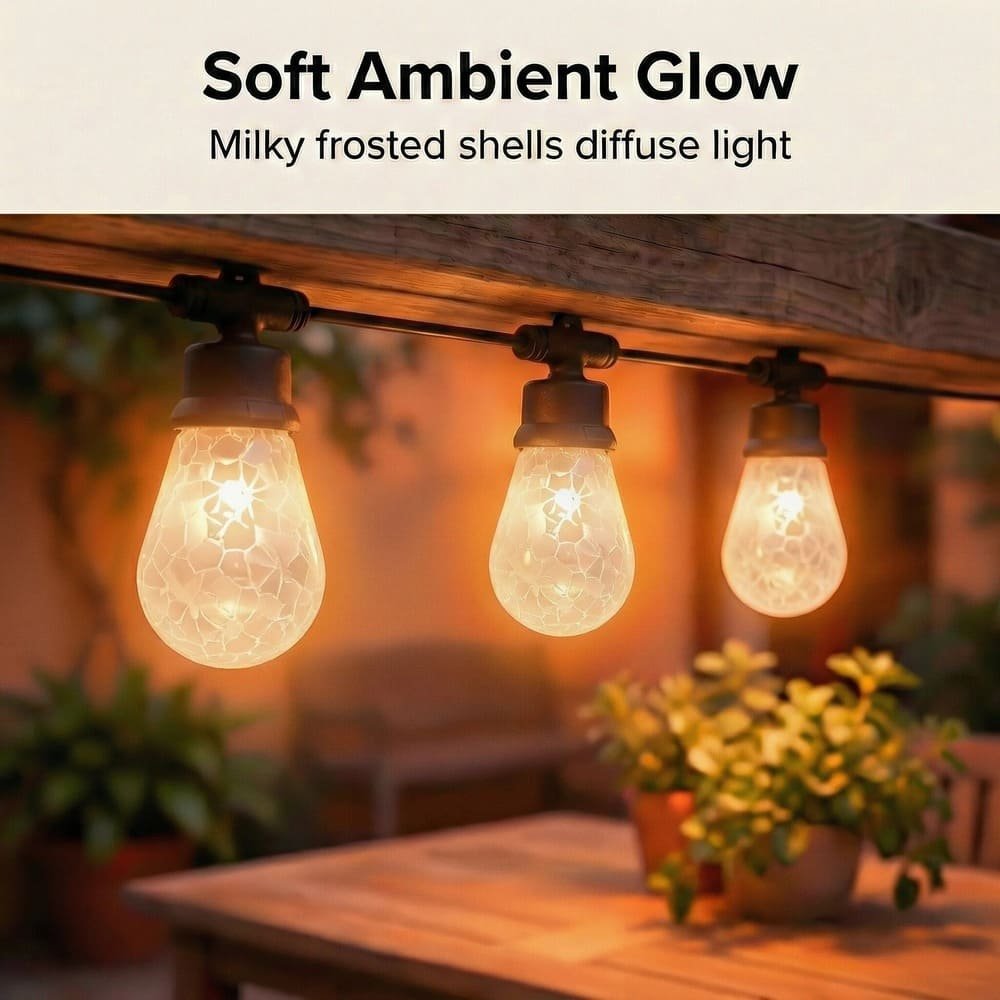 S14 LED string lights with milky frosted shells creating soft ambient glow for outdoor patios