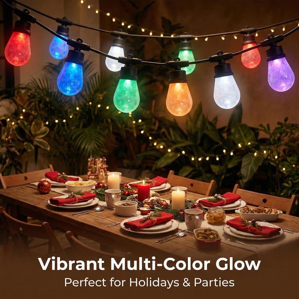 Vibrant multi-color S14 LED string lights illuminating a festive holiday dinner table setting