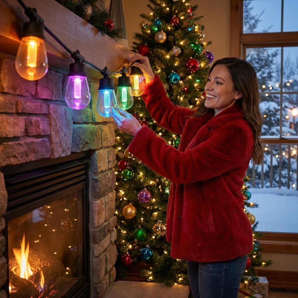 Woman decorating fireplace with multicolor S14 LED string lights for festive Christmas holiday atmosphere