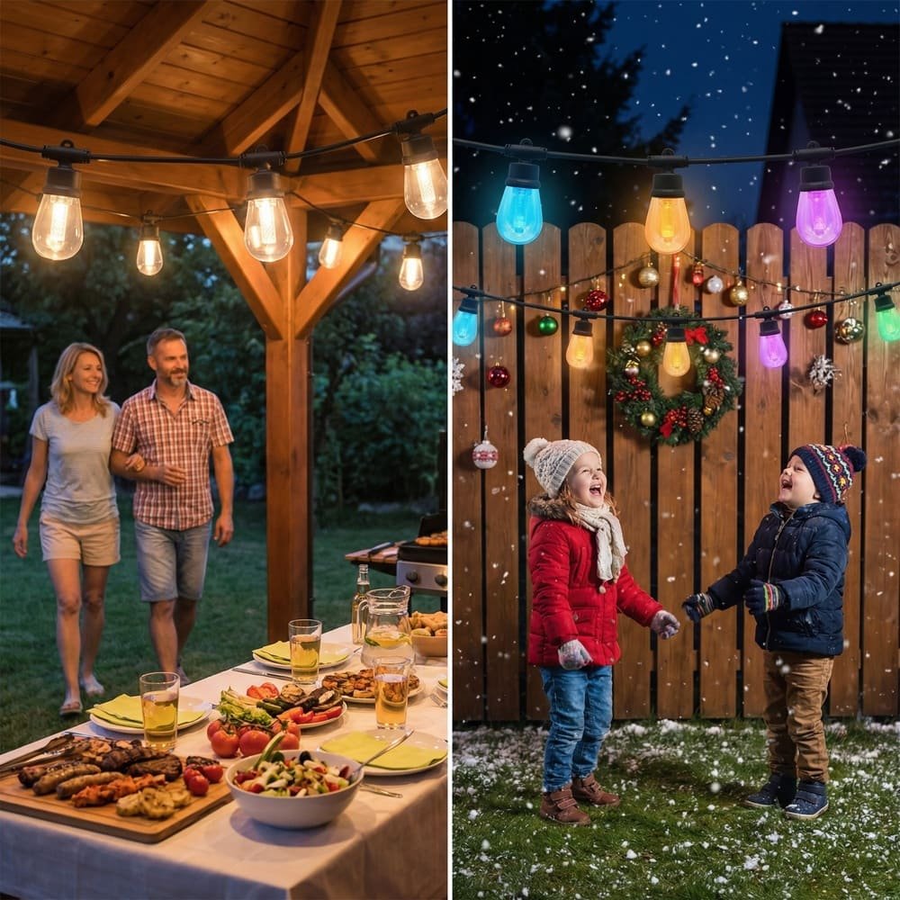 Weatherproof S14 string lights demonstrating warm white summer patio and multicolor winter holiday modes