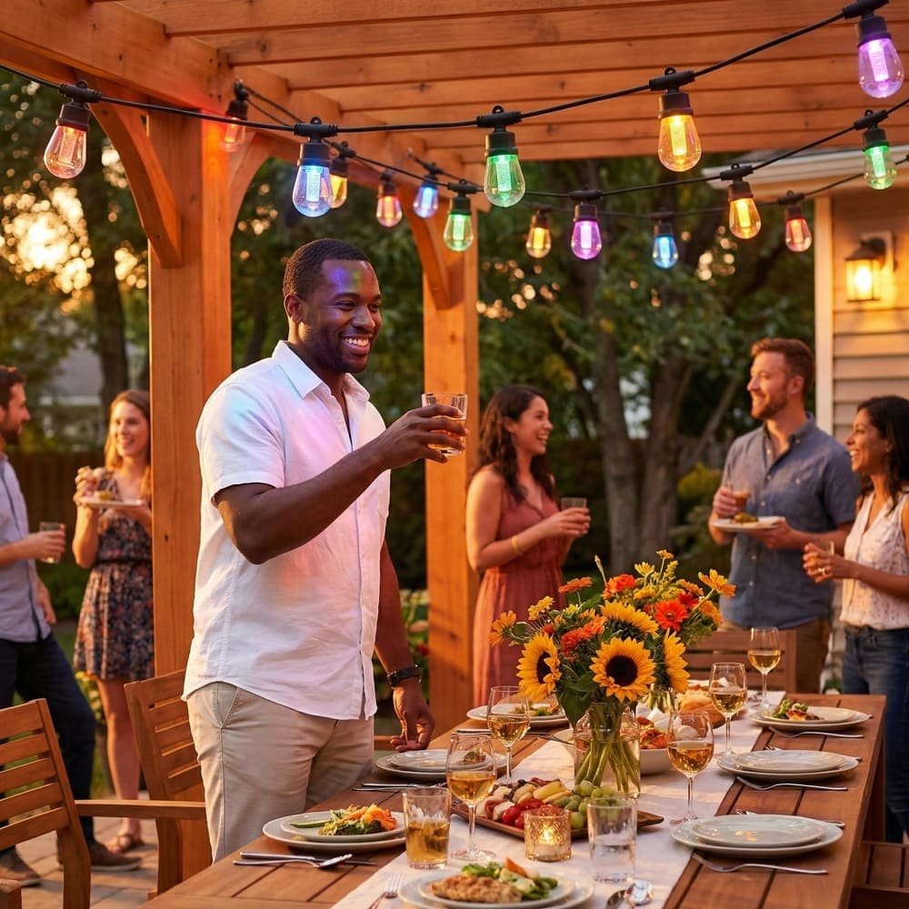 Friends enjoying outdoor patio dinner party under festive multicolor S14 LED string lights