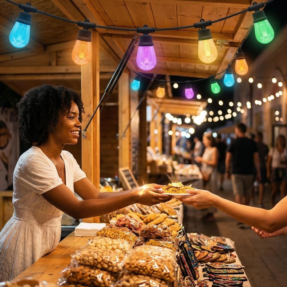 Commercial night market stall lit by multicolor S14 LED string lights