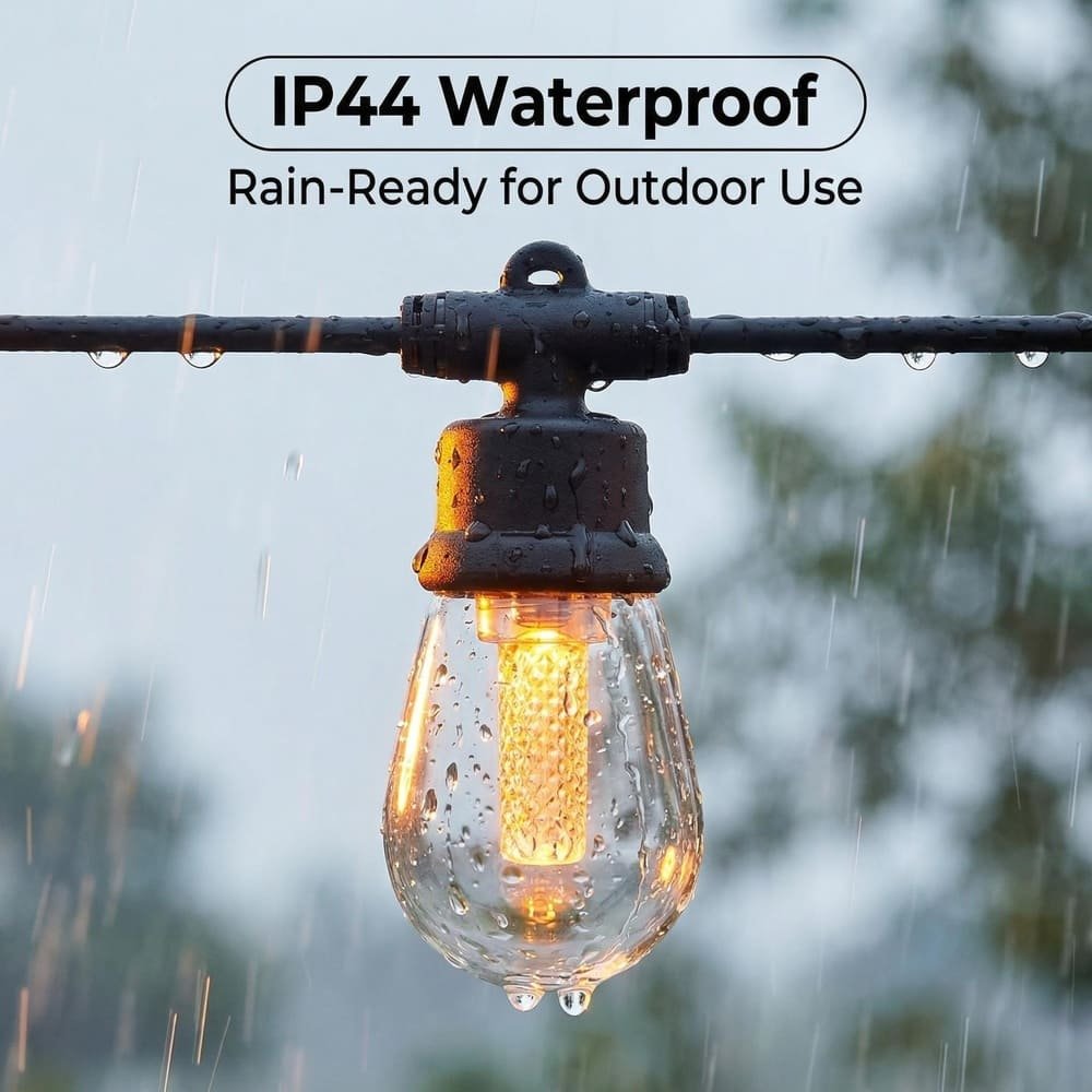 IP44 waterproof S14 LED string light bulb demonstrating rain-ready durability for outdoor use