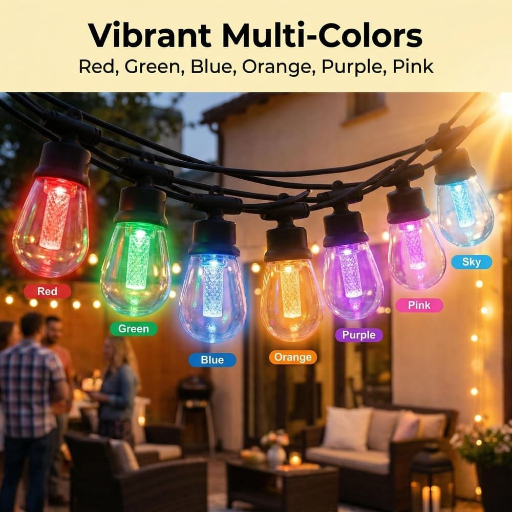 Vibrant multi-color RGB S14 LED string lights illuminating outdoor patio for festive gatherings