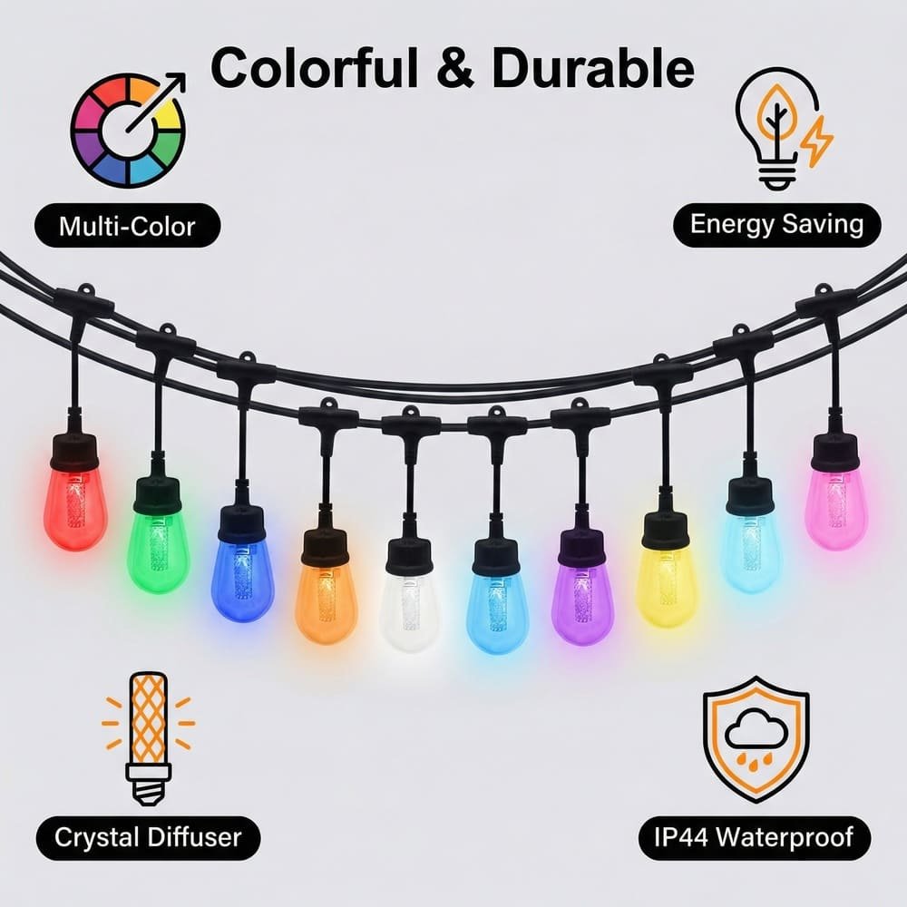 Infographic showcasing durable S14 RGB drop string lights with crystal diffusers and waterproofing