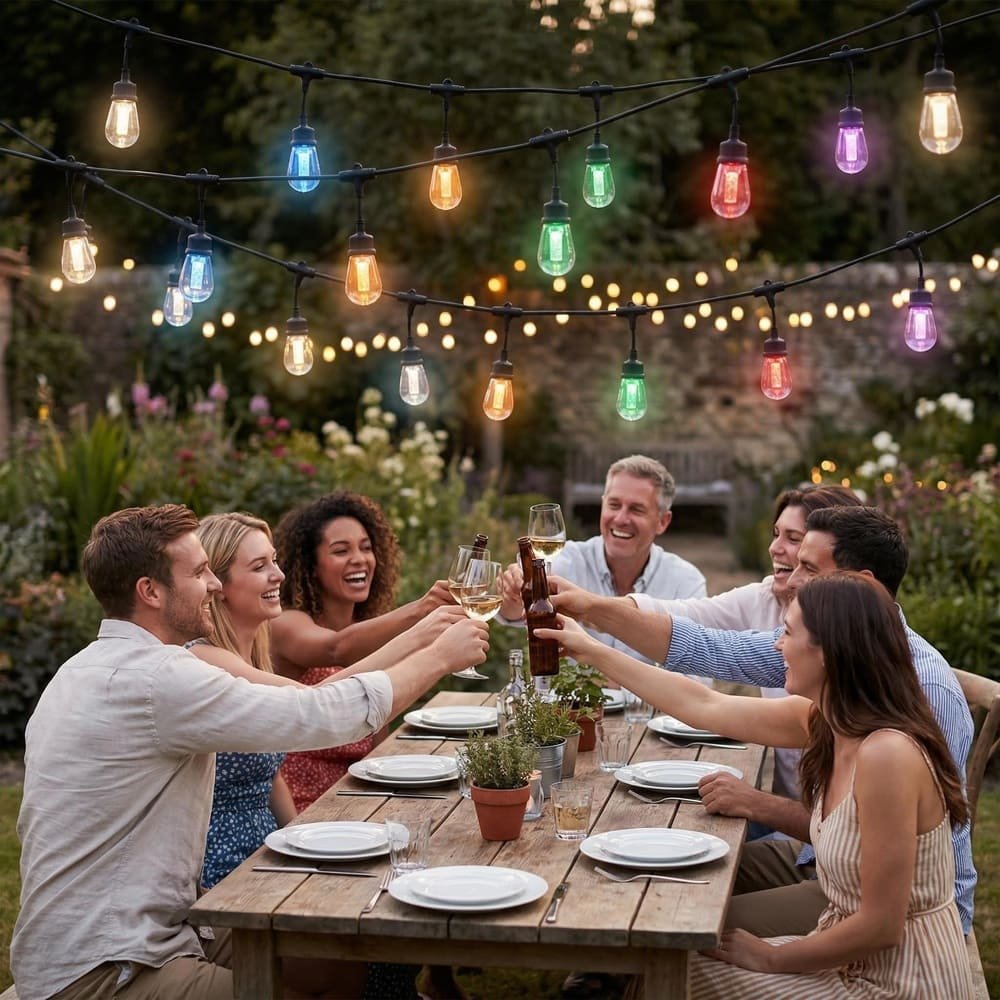 Outdoor garden party illuminated by colorful commercial S14 RGB LED string lights
