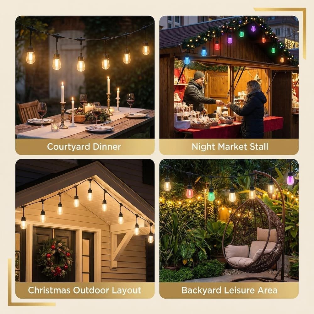 S14 LED string lights used for courtyard dinners, night markets, Christmas layouts, and backyards
