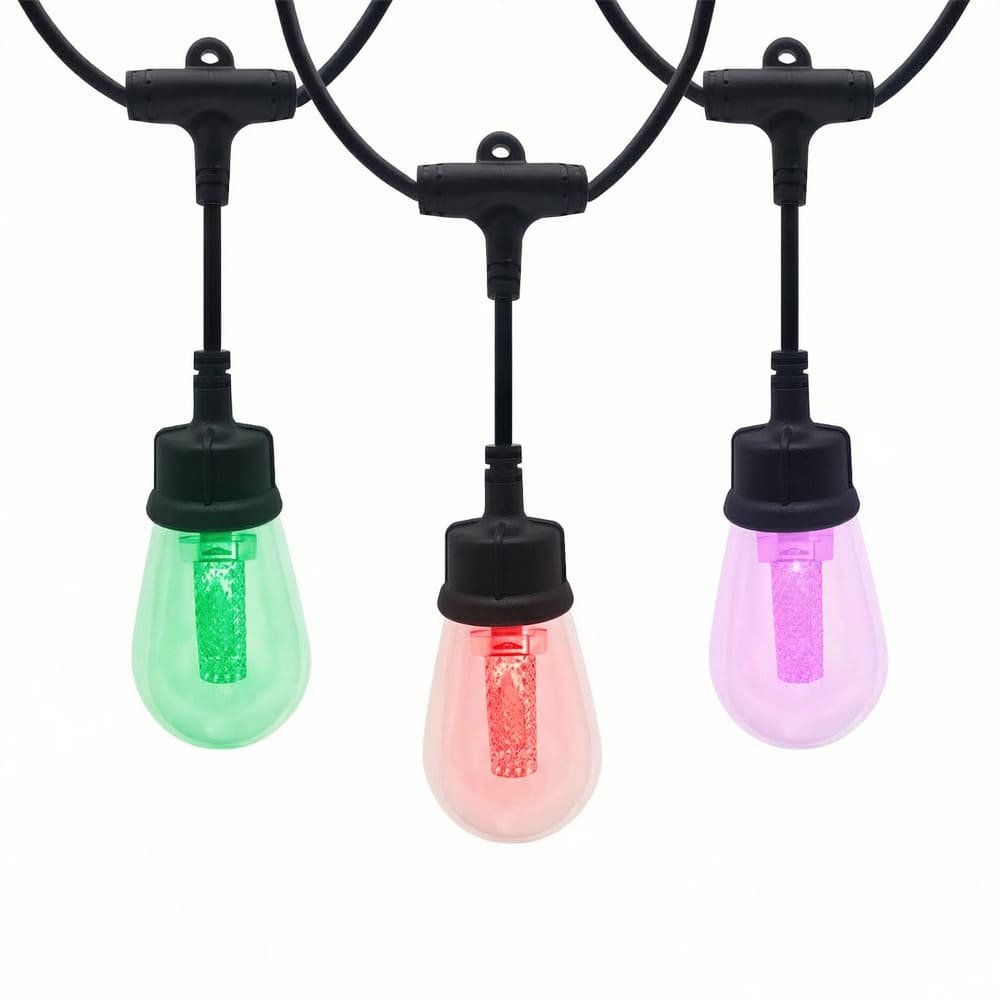 Commercial RGB drop pendant string lights with clear S14 bulbs and light guide pillars
