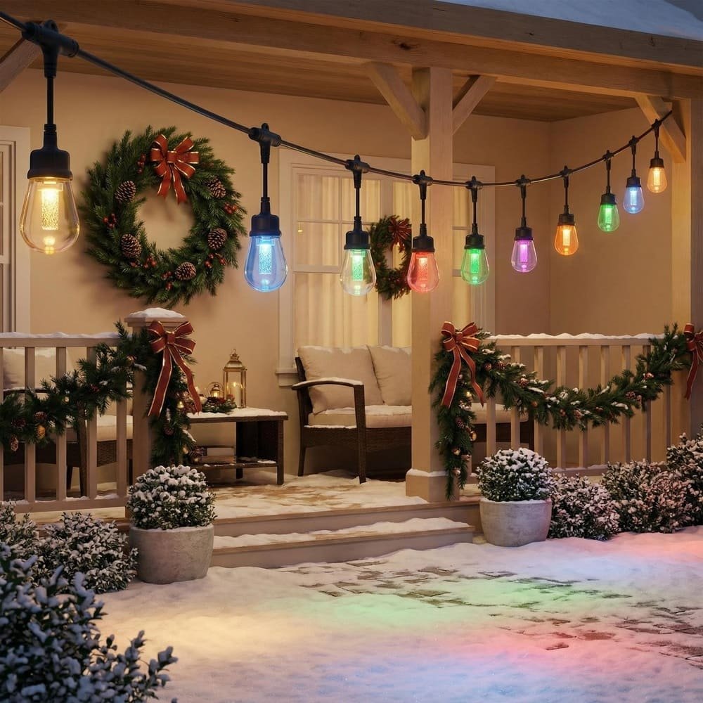 Outdoor waterproof S14 RGB LED string lights decorating a snowy porch for Christmas