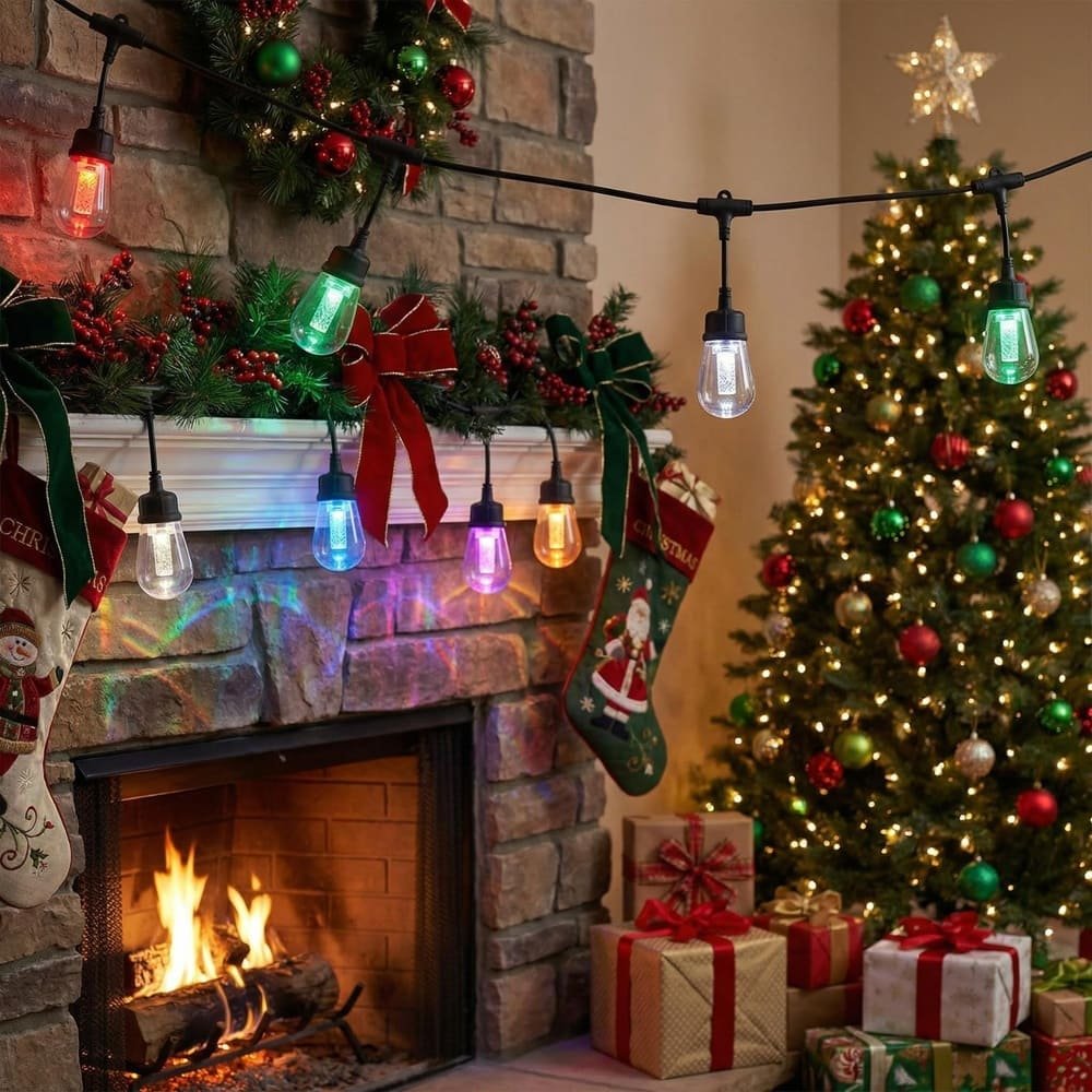 Festive multi-color S14 LED string lights decorating a fireplace for Christmas holidays