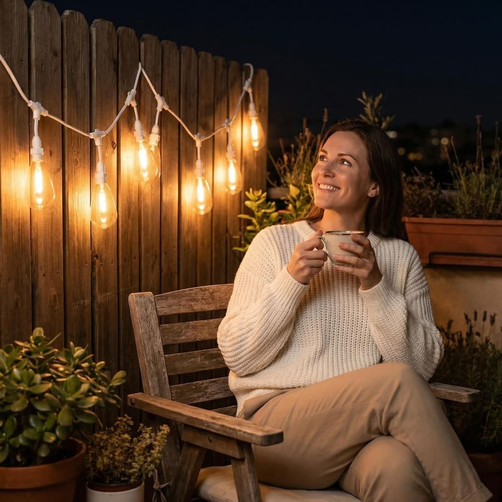Warm white S14 LED filament string lights creating cozy outdoor patio ambiance