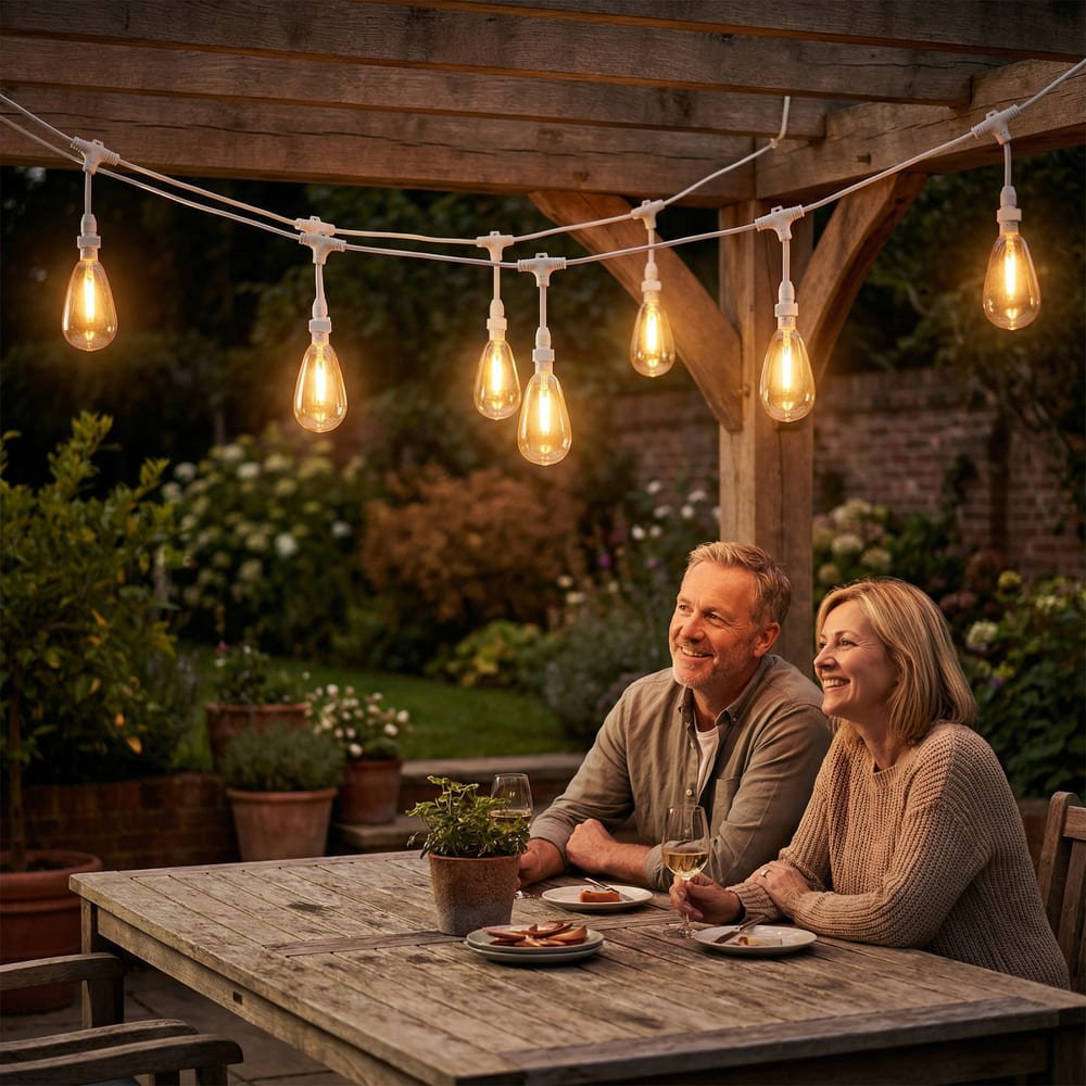 Commercial grade S14 LED string lights suspended over outdoor garden pergola for dining
