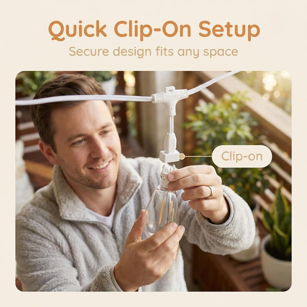 Quick clip-on installation of replaceable S14 LED bulb for outdoor string lights