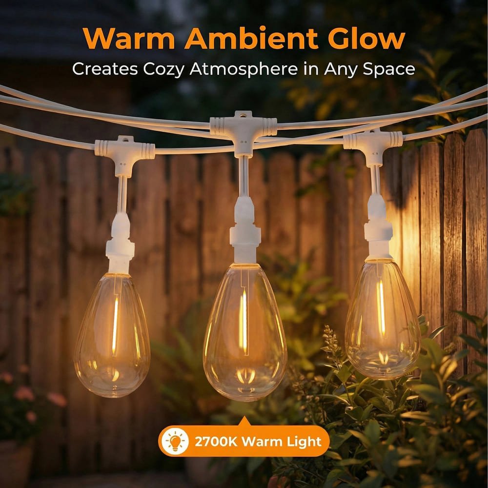 Suspended S14 LED patio string lights emitting 2700K warm ambient glow