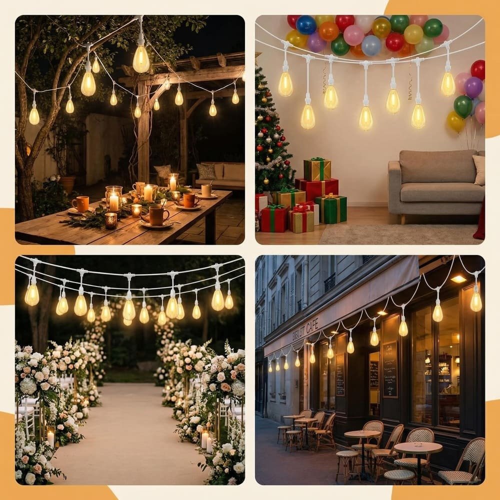 Versatile white wire S14 LED string lights for weddings, bistros, patios, and holiday decor