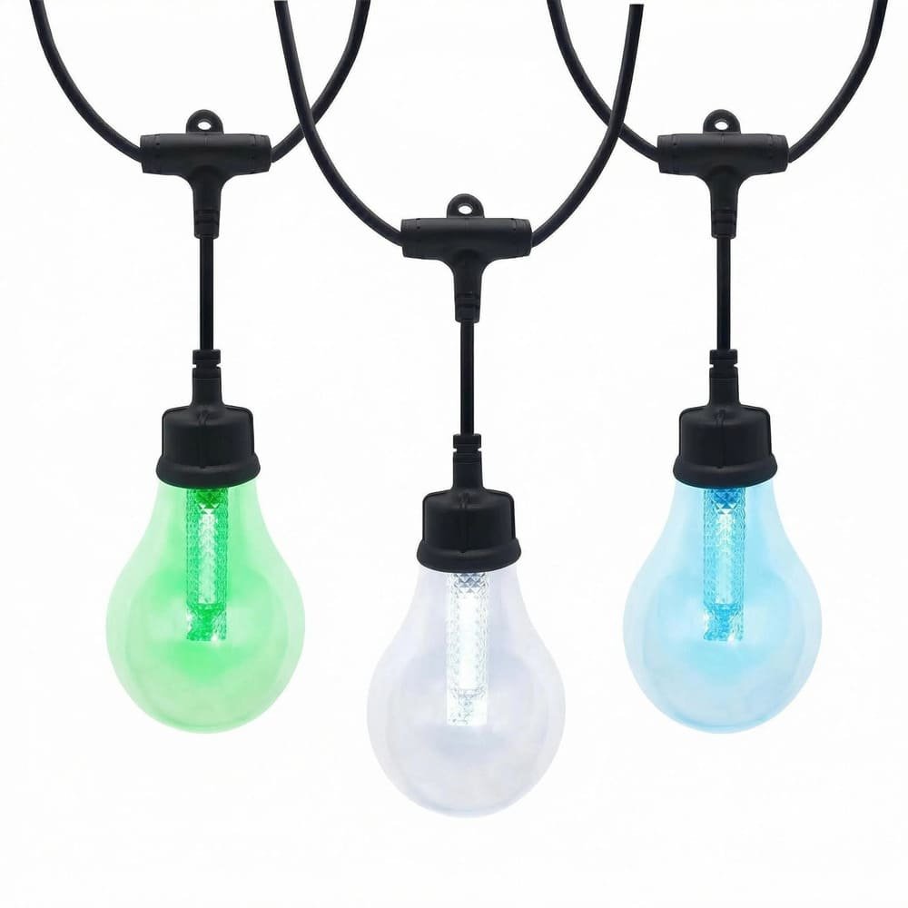Commercial grade shatterproof A19 RGB pendant string lights featuring light guide pillar for outdoor patios