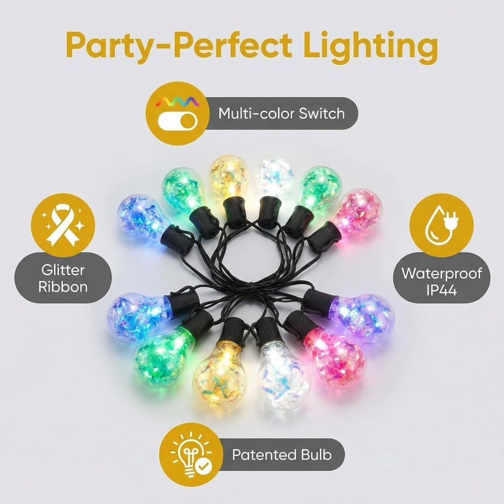 Infographic detailing patented IP44 waterproof party string lights with multi-color glitter ribbon bulbs