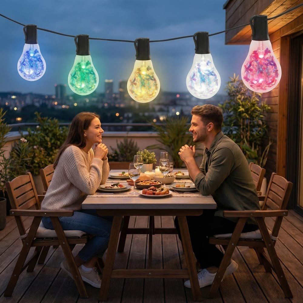 Colorful glitter bulb string lights illuminating romantic outdoor patio dining scene