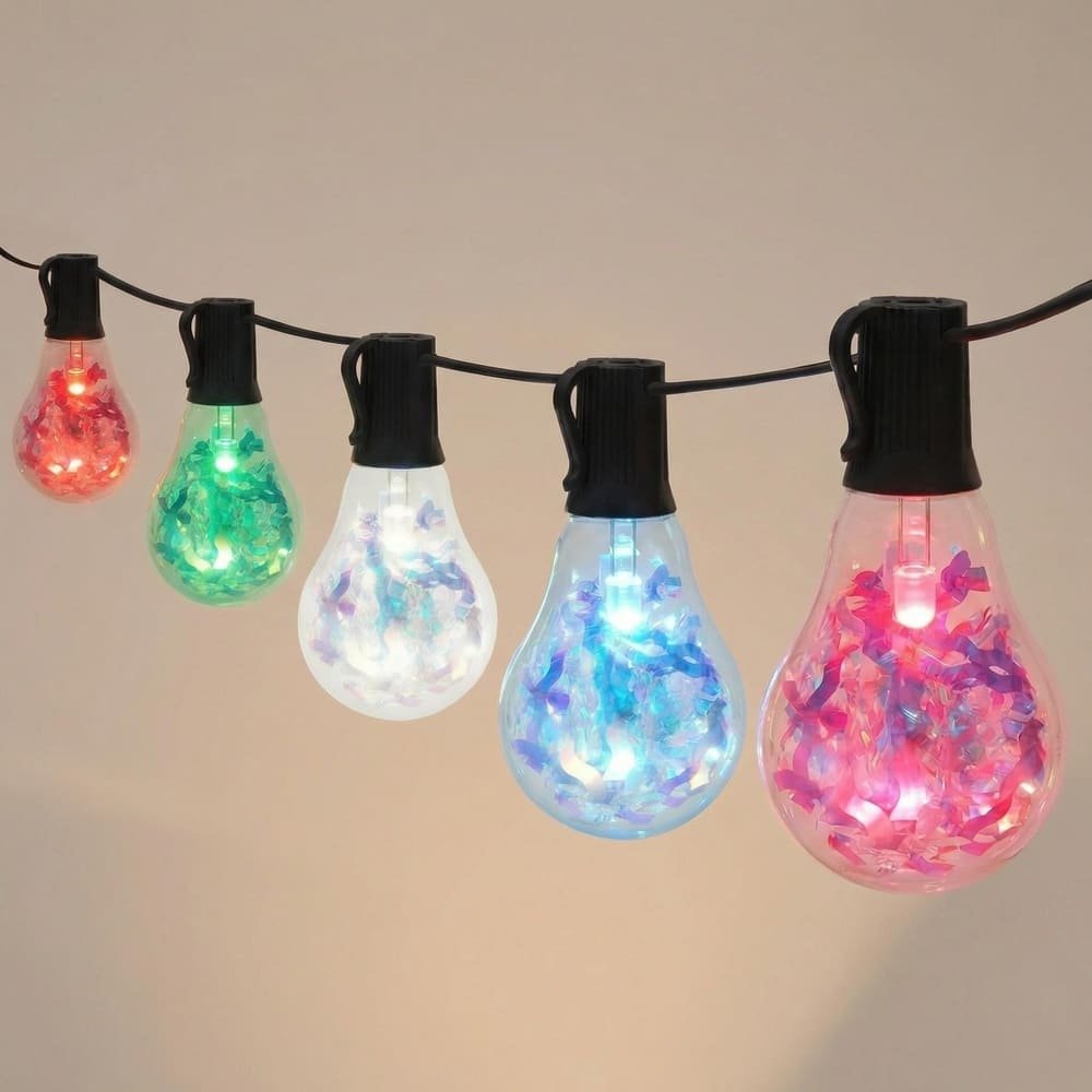 Multi-colored A19 LED string lights with sparkling holographic tinsel effect for holiday display
