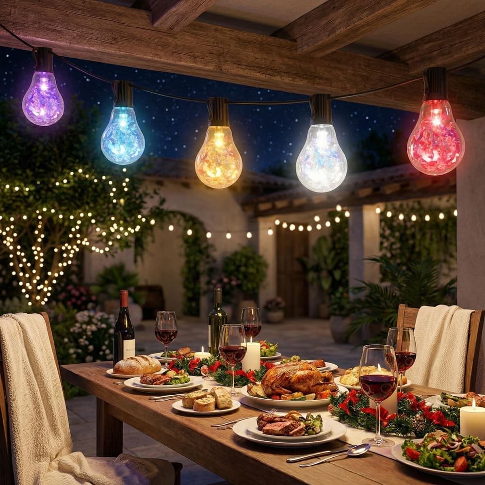 Colorful glitter bulb string lights hanging over outdoor patio dinner party table
