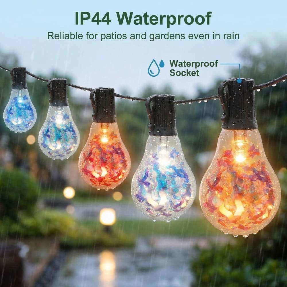 IP44 waterproof outdoor string lights with colorful tinsel bulbs glowing in rain for patios