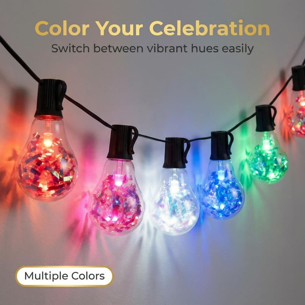 Vibrant RGB A19 string lights with holographic inserts illuminating wall in multiple colors