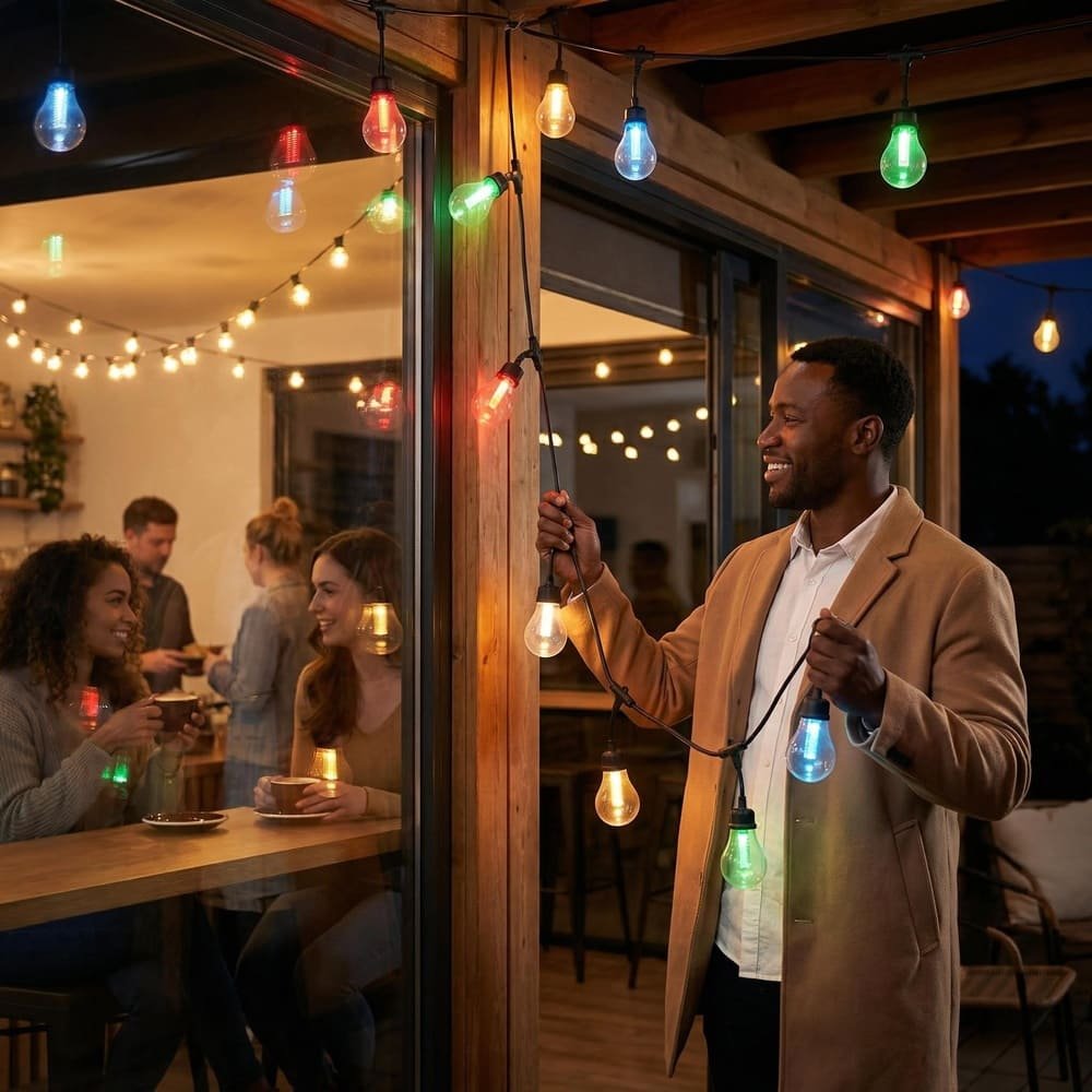 Man installing commercial grade colorful LED string lights for outdoor patio and cafe ambiance