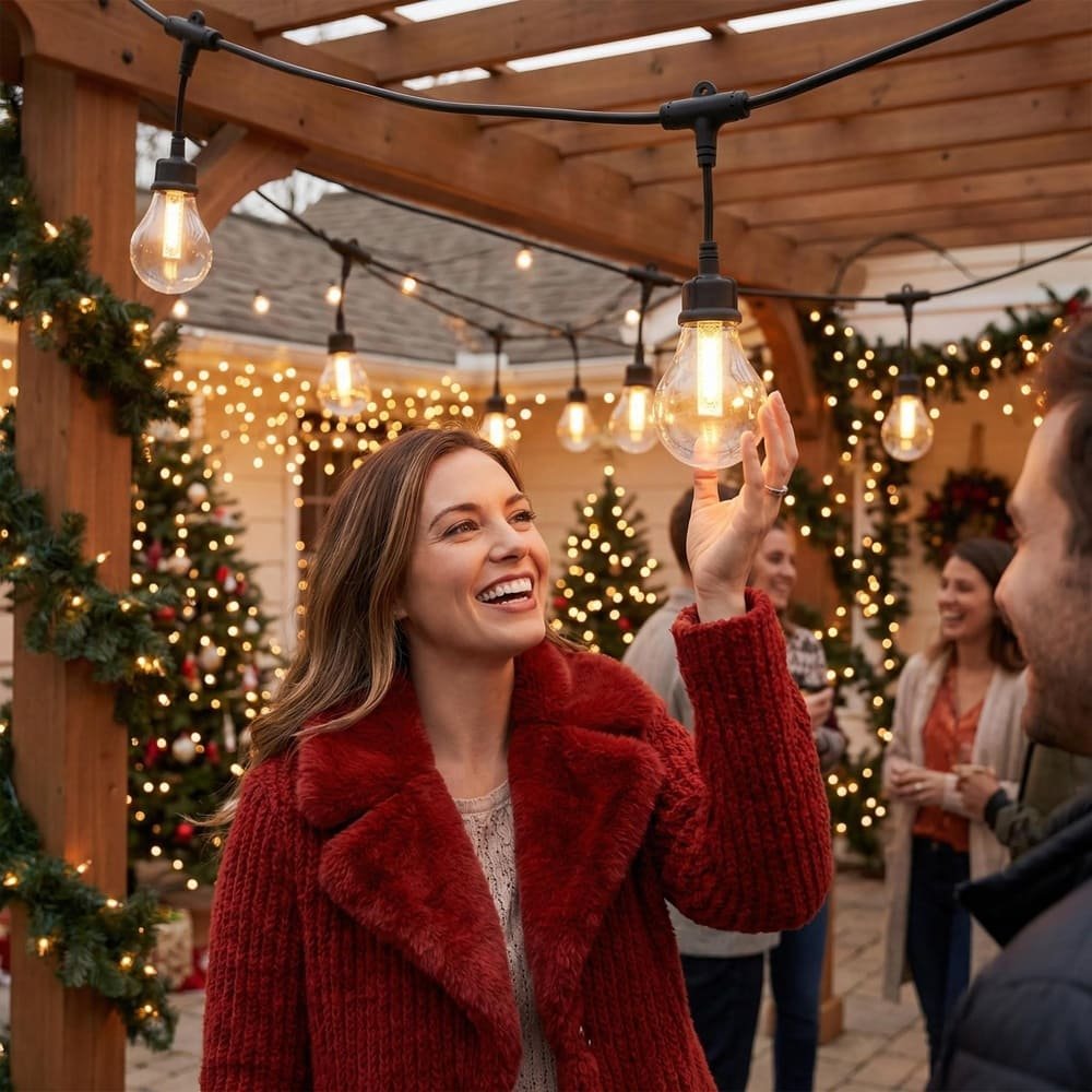 Woman admiring warm white commercial outdoor string light bulb for holiday patio decoration