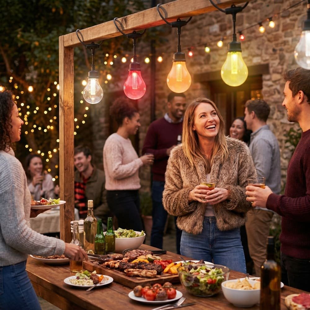 Multi-colored LED commercial string lights illuminating outdoor patio dining for festive party atmosphere