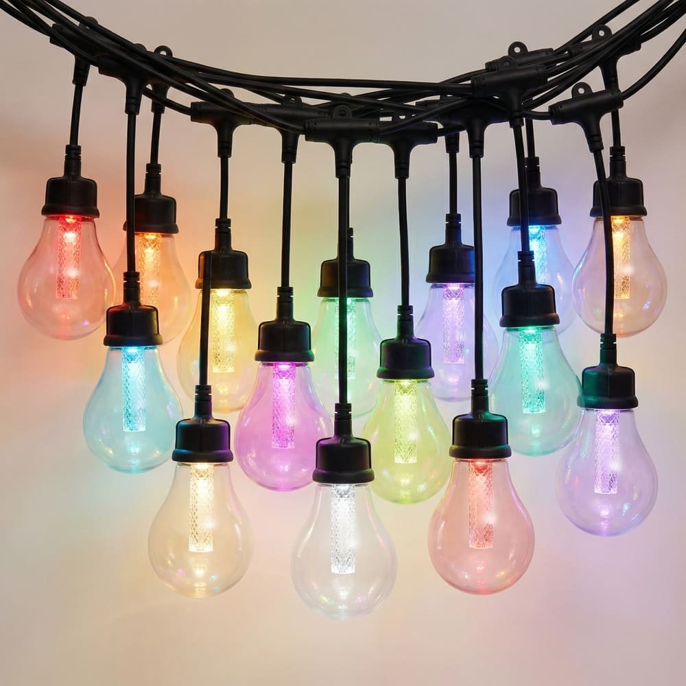Cluster of colorful RGB A19 LED drop pendant string lights with shatterproof design