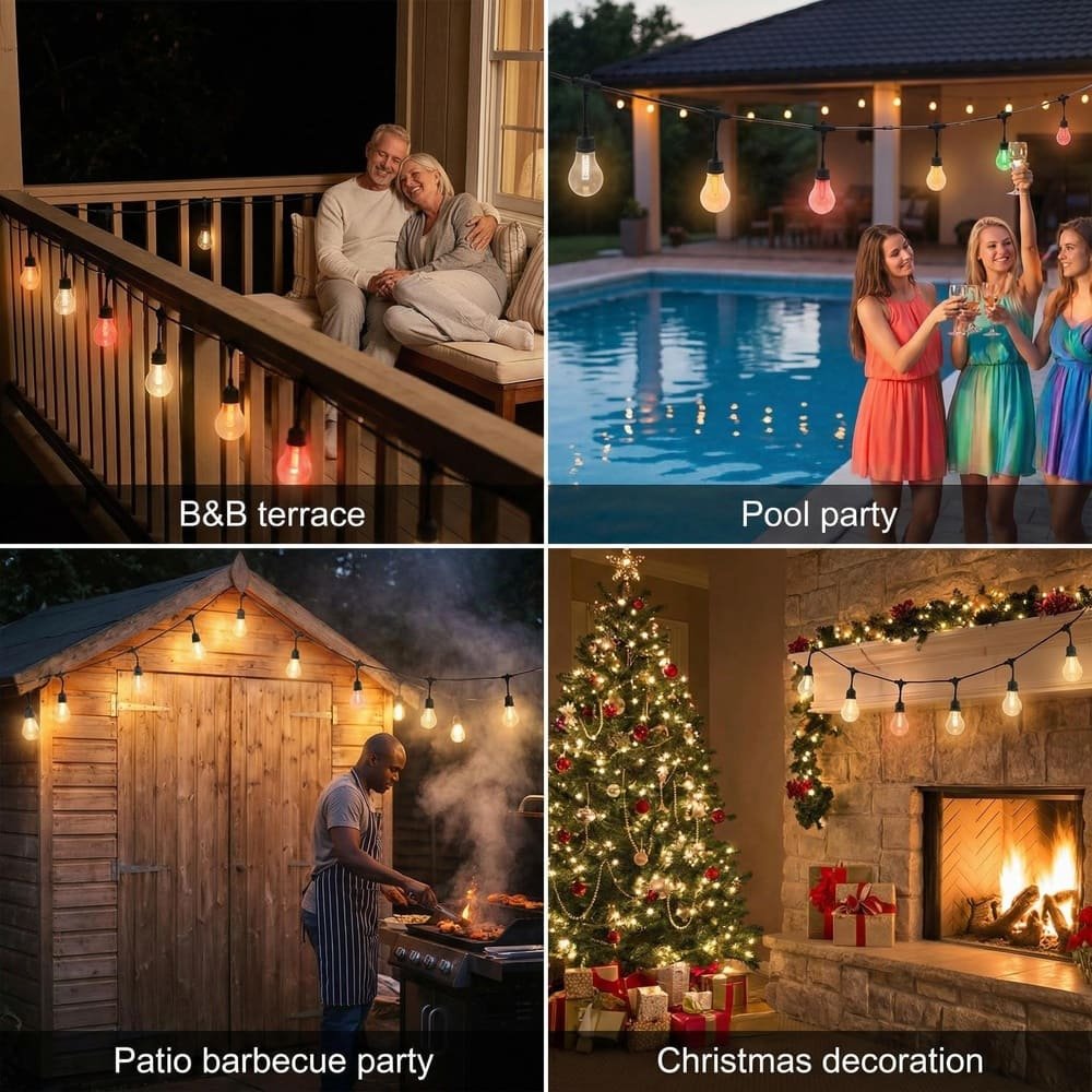 Versatile commercial outdoor string light applications for B&B terraces, pool parties, BBQs, and Christmas decor