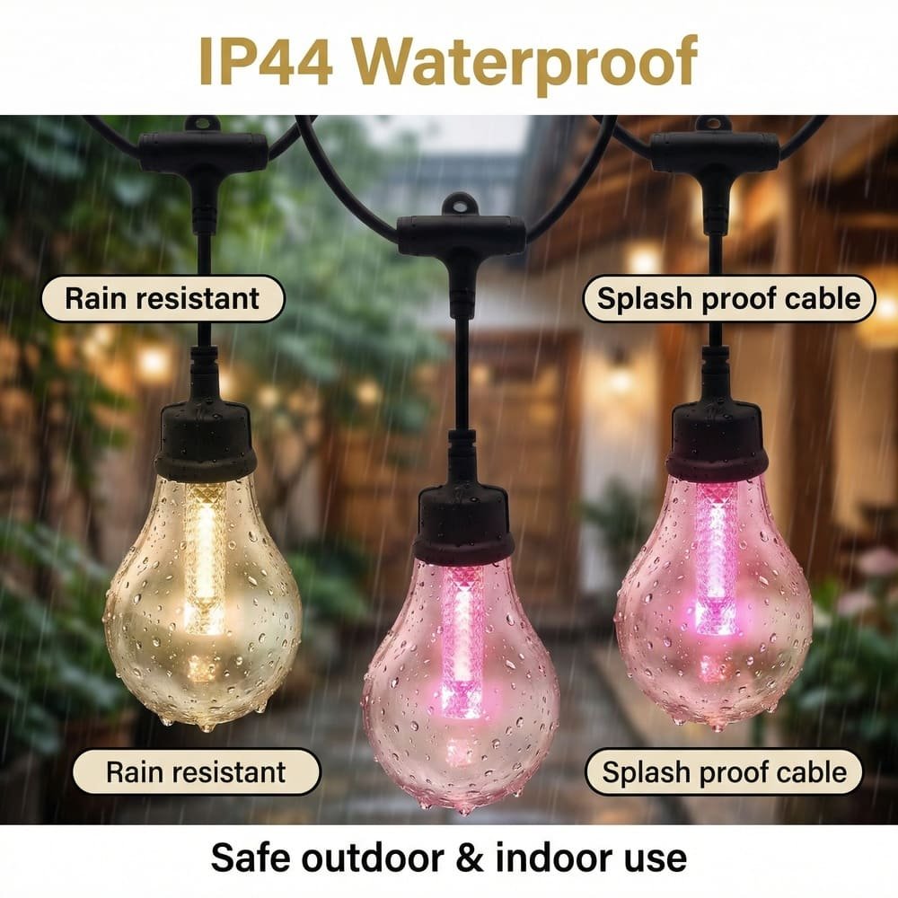 IP44 waterproof A19 LED string lights displaying rain resistance and splash proof safety features