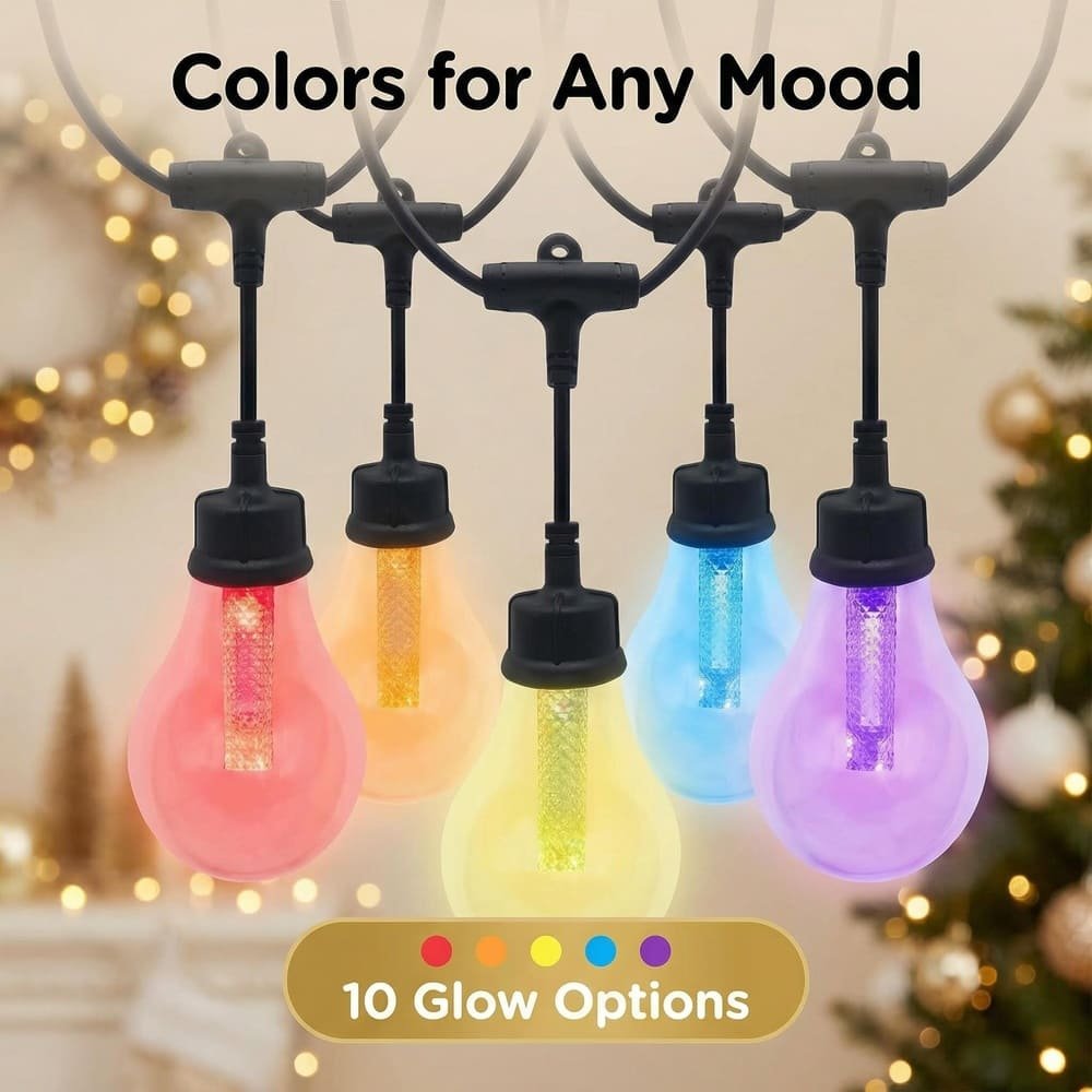 RGB A19 drop string lights featuring ten glow options for festive commercial holiday lighting